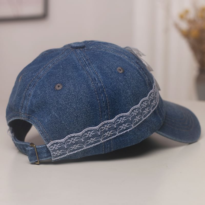 Faux Trim Pearl Baseball Cap Denim Lace Bow