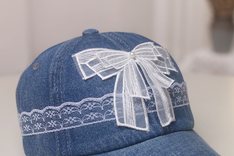 Faux Trim Pearl Baseball Cap Denim Lace Bow