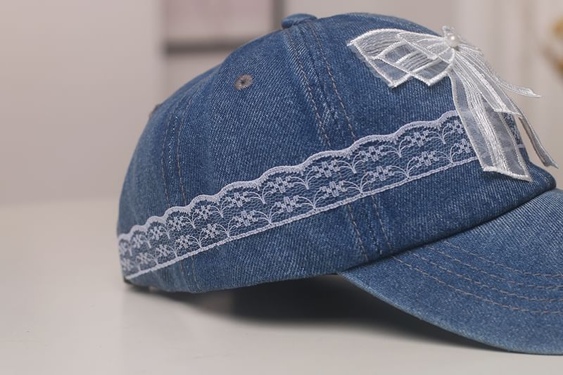 Faux Trim Pearl Baseball Cap Denim Lace Bow