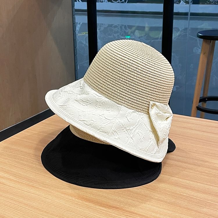 Two Straw Sun Hat Bow Tone