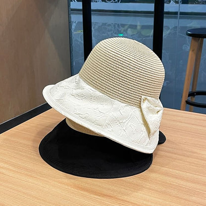 Two Straw Sun Hat Bow Tone