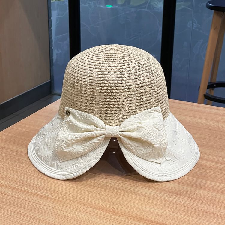 Two Straw Sun Hat Bow Tone