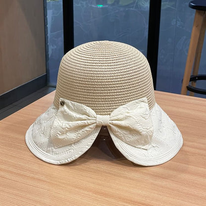 Two Straw Sun Hat Bow Tone