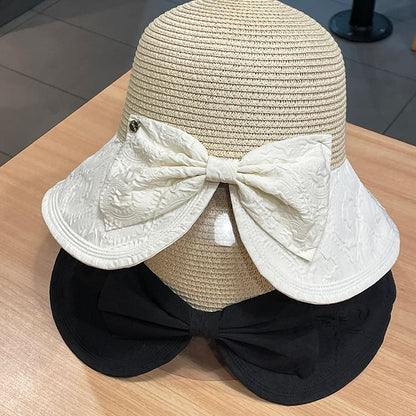 Two Straw Sun Hat Bow Tone