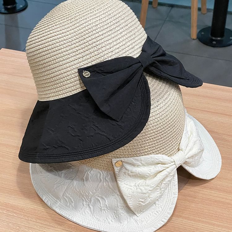 Two Straw Sun Hat Bow Tone