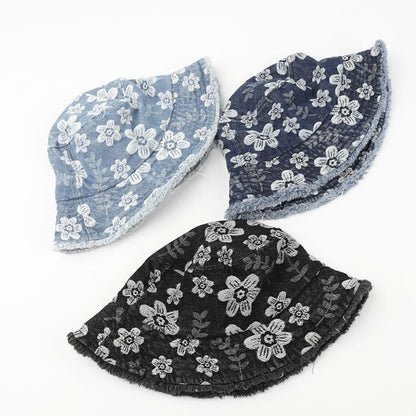 Denim Print Frayed Washed Hat Bucket Floral