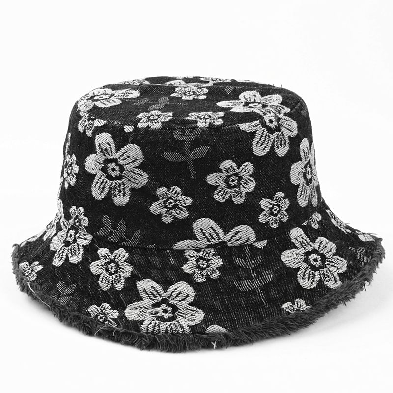 Denim Print Frayed Washed Hat Bucket Floral
