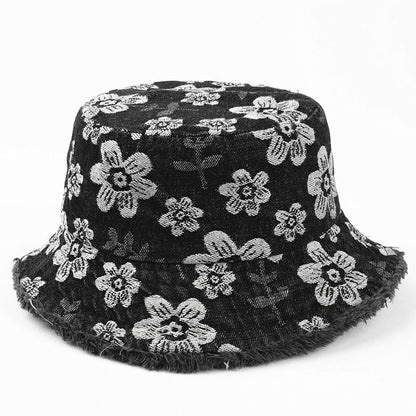 Denim Print Frayed Washed Hat Bucket Floral
