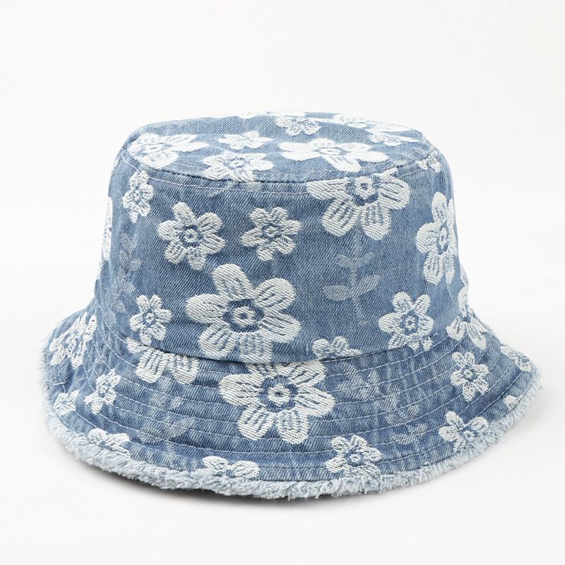 Denim Print Frayed Washed Hat Bucket Floral