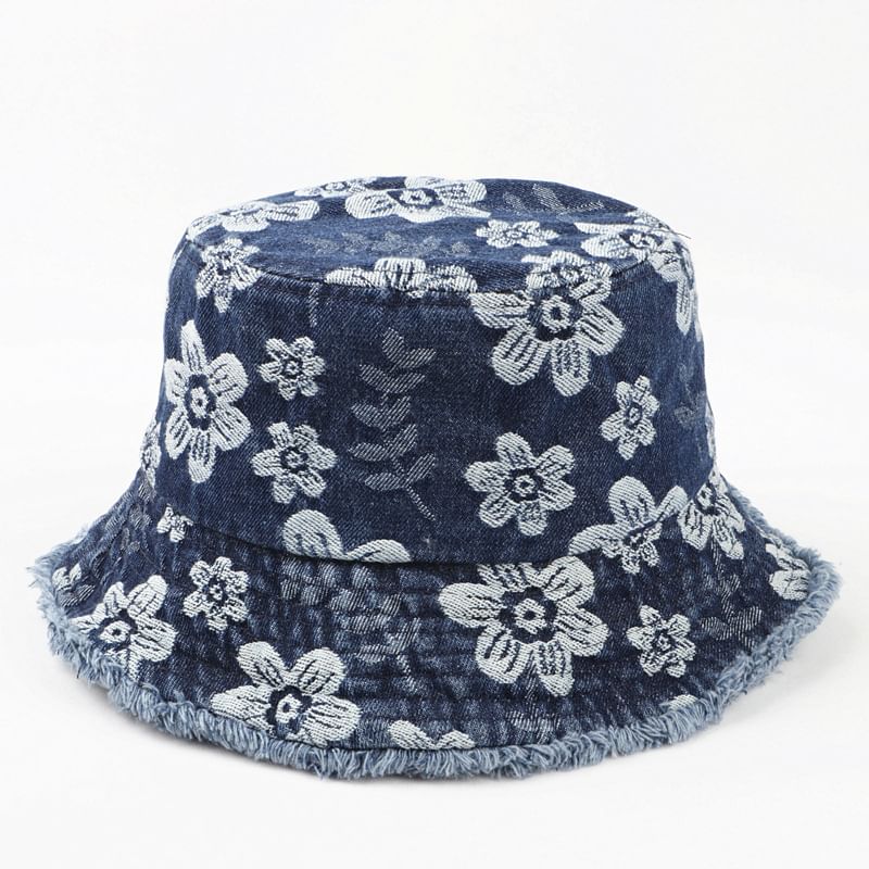 Denim Print Frayed Washed Hat Bucket Floral