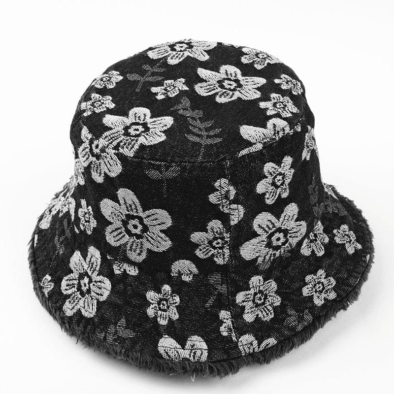 Denim Print Frayed Washed Hat Bucket Floral