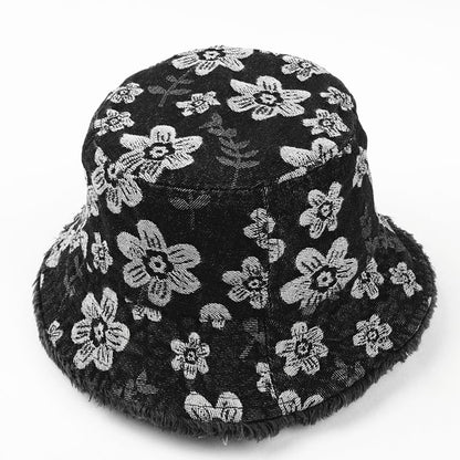 Denim Print Frayed Washed Hat Bucket Floral