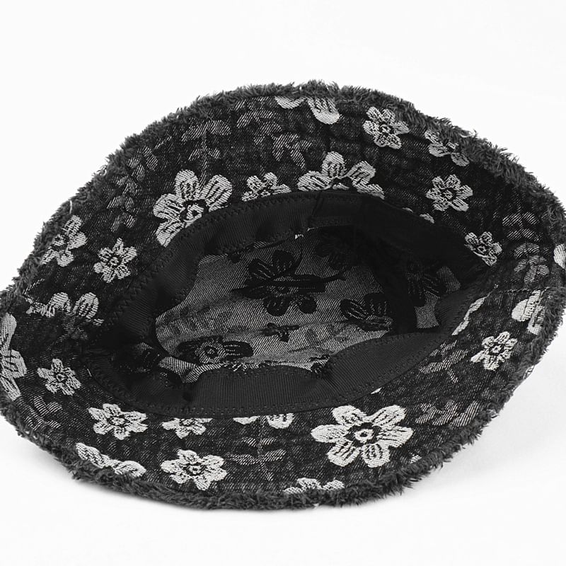 Denim Print Frayed Washed Hat Bucket Floral