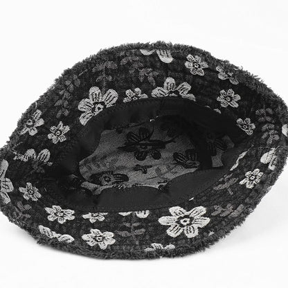 Denim Print Frayed Washed Hat Bucket Floral