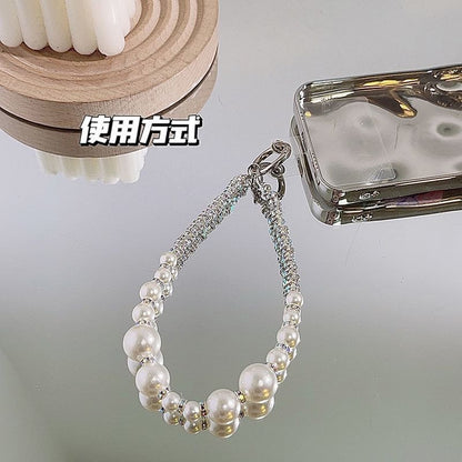Faux Phone Rhinestone Pad Strap Lanyard with Pearl