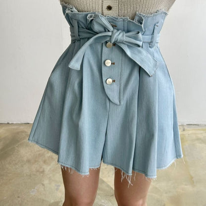 High Rise Washed Denim Mini A-Line Skirt