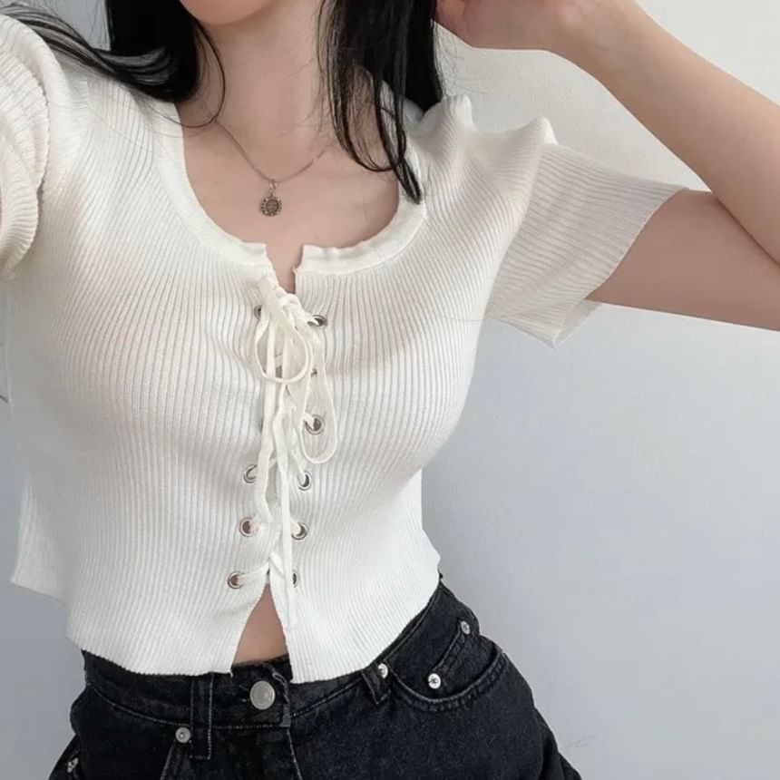 Short-Sleeve Scoop Neck Plain Lace Up Knit Top