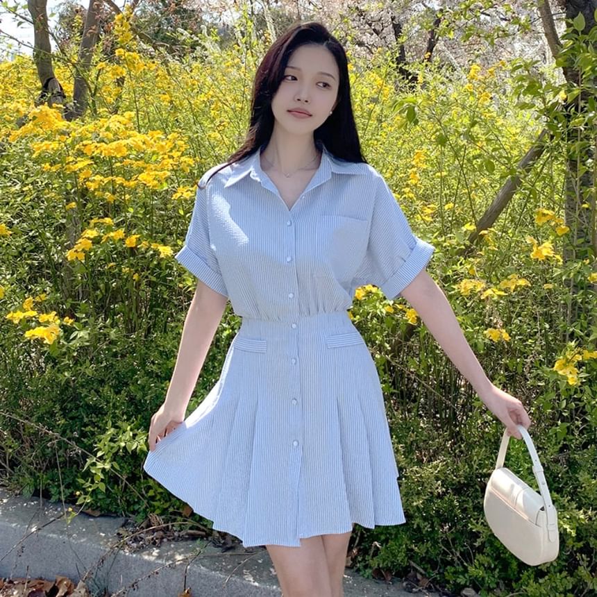 Short-Sleeve Collared Pinstriped Mini Shirt Dress