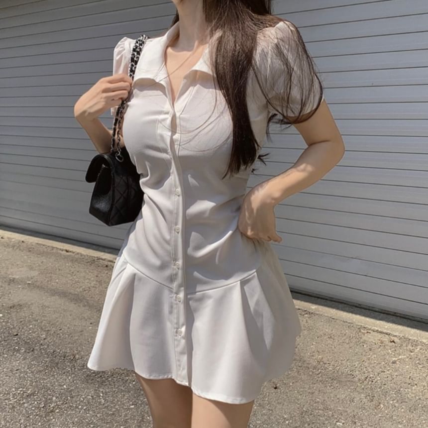 Short-Sleeve Collared Plain Mini Shirt Dress