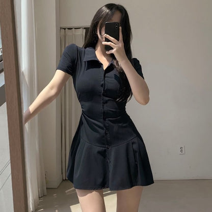 Short-Sleeve Collared Plain Mini Shirt Dress