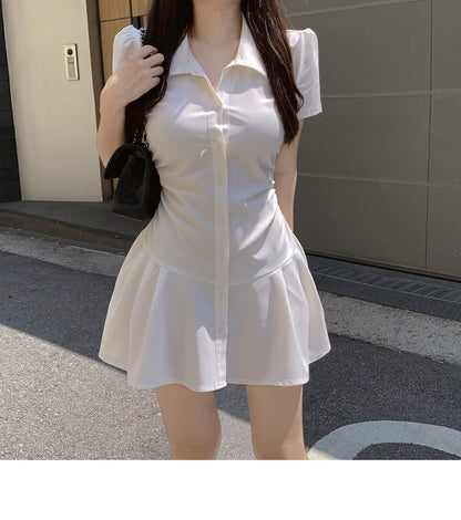 Short-Sleeve Collared Plain Mini Shirt Dress