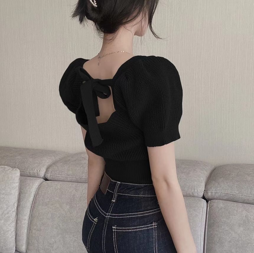 Short-Sleeve Square Neck Plain Bow Back Knit Top