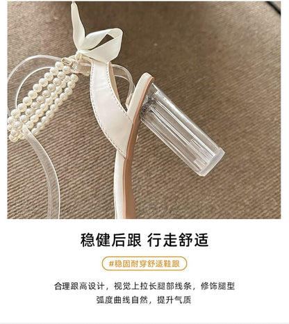 Block Faux Heel Strap Pearl Ankle Tie-Up Sandals Platform
