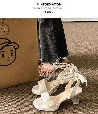 Block Faux Heel Strap Pearl Ankle Tie-Up Sandals Platform