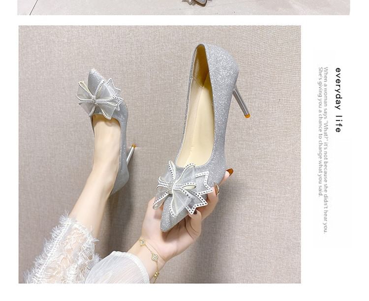 Rhinestone Pointed Stiletto Glitter Pumps Toe Bow