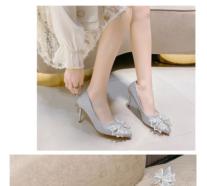 Rhinestone Pointed Stiletto Glitter Pumps Toe Bow