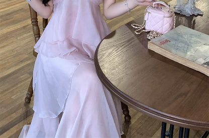 Top V-Neck Maxi A-Line / Cami Flowy Skirt Plain