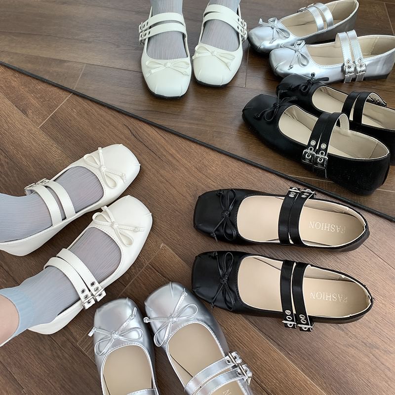 Accent Leather Mary Toe Flats Square Jane Plain Bow Faux