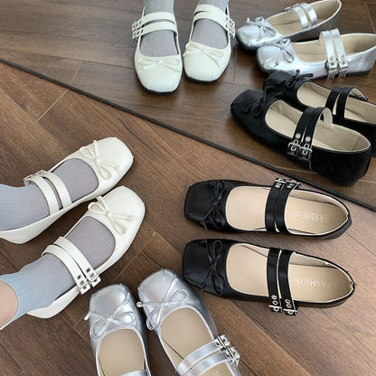 Accent Leather Mary Toe Flats Square Jane Plain Bow Faux