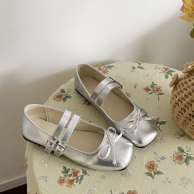 Accent Leather Mary Toe Flats Square Jane Plain Bow Faux