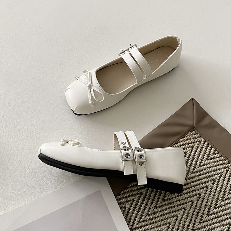 Accent Leather Mary Toe Flats Square Jane Plain Bow Faux