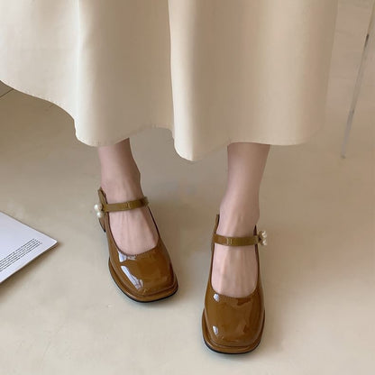 Heel Jane Block Mary Pumps Pearl Faux