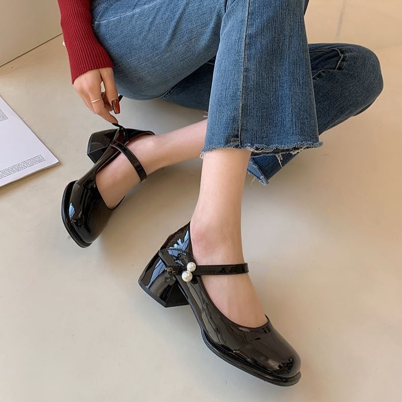 Heel Jane Block Mary Pumps Pearl Faux