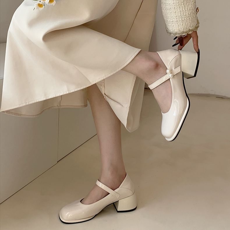 Heel Jane Block Mary Pumps Pearl Faux