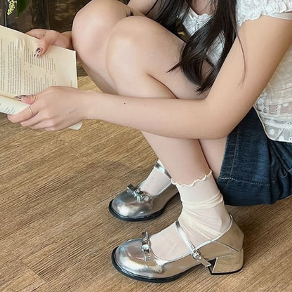 Heel Bow Accent Jane Mary Block Pumps