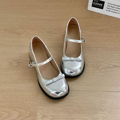 Heel Bow Accent Jane Mary Block Pumps