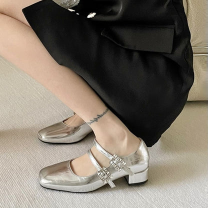 Square Toe Rhinestone Buckle Mary Jane Pumps