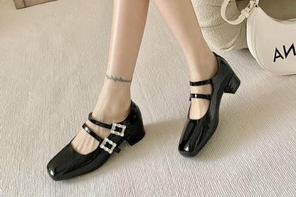 Square Toe Rhinestone Buckle Mary Jane Pumps