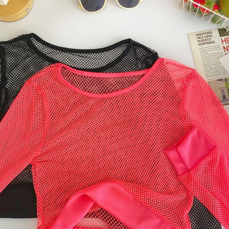 Long-Sleeve Crew Neck Plain Mesh Crop Top