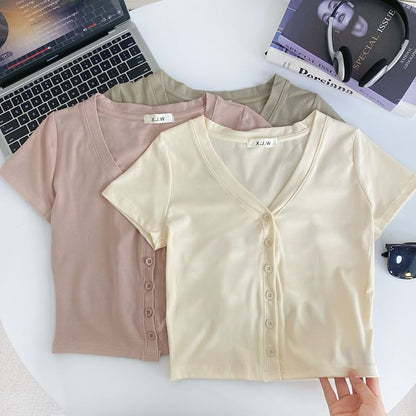 Short-Sleeve V-Neck Plain Button Crop T-Shirt