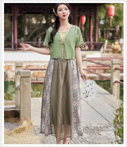 Set: Short-Sleeve V-Neck Floral Trim Toggle Jacket + Cami Top + High Rise Patterned Print Panel Maxi A-Line Skirt