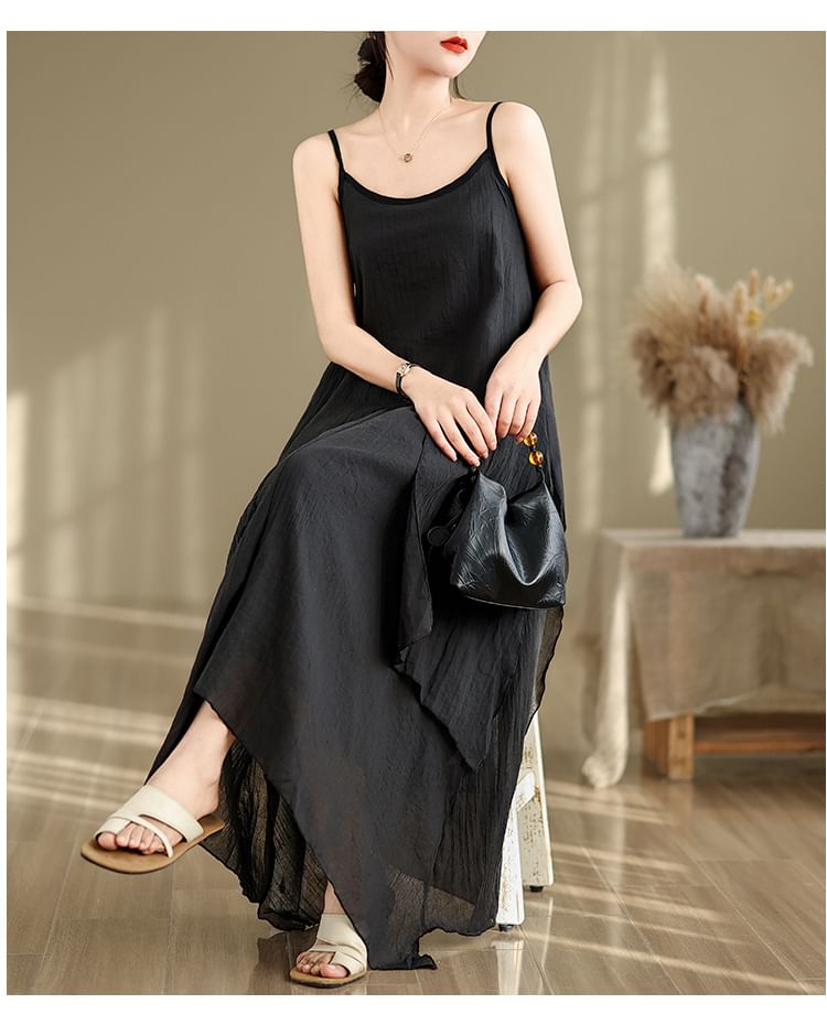 Spaghetti Strap Plain Asymmetrical Maxi A-Line Dress