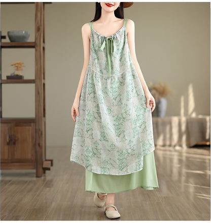 Sleeveless V-Neck Patterned Print Panel Tie Front Maxi A-Line Dress