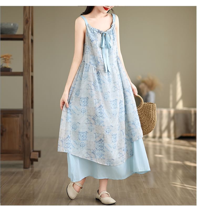 Sleeveless V-Neck Patterned Print Panel Tie Front Maxi A-Line Dress