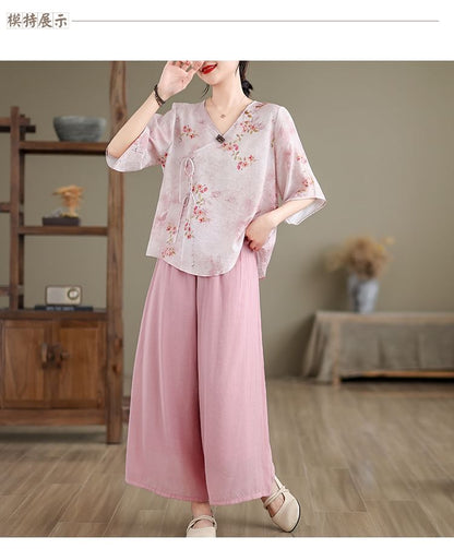 Set: Elbow-Sleeve V-Neck Floral Print Tie Front Wrap Top + High Waist Plain Wide Leg Pants