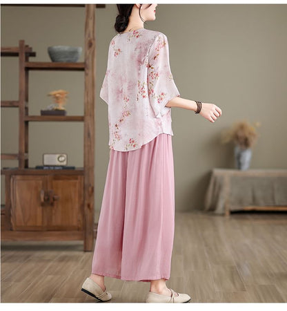 Set: Elbow-Sleeve V-Neck Floral Print Tie Front Wrap Top + High Waist Plain Wide Leg Pants